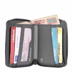 LIFESYSTEMS LIFEVENTURE RFID BI-FOLD WALLET -Wildernessshop Shop LifeSystems RFiD bi fold wallet grey in use
