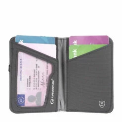LIFESYSTEMS LIFEVENTURE RFID CARD WALLET -Wildernessshop Shop LifeSystems RFiD card wallet grey in use