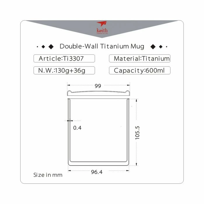 KEITH Double Wall Titanium Mug/Lid With Titanium Cover 600ml (Ti3307) 3 KEITH Double Wall Titanium Mug/Lid With Titanium Cover 600ml (Ti3307) - Image 3
